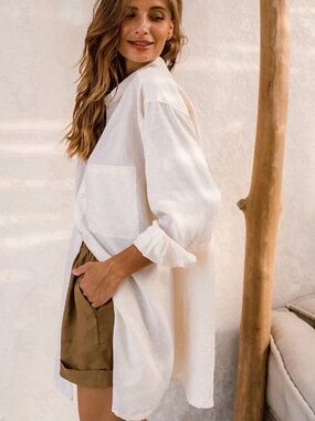 Rove Summer Shirt Dress Ivory M Linen Button Up Pockets Oversized Coastal Resort